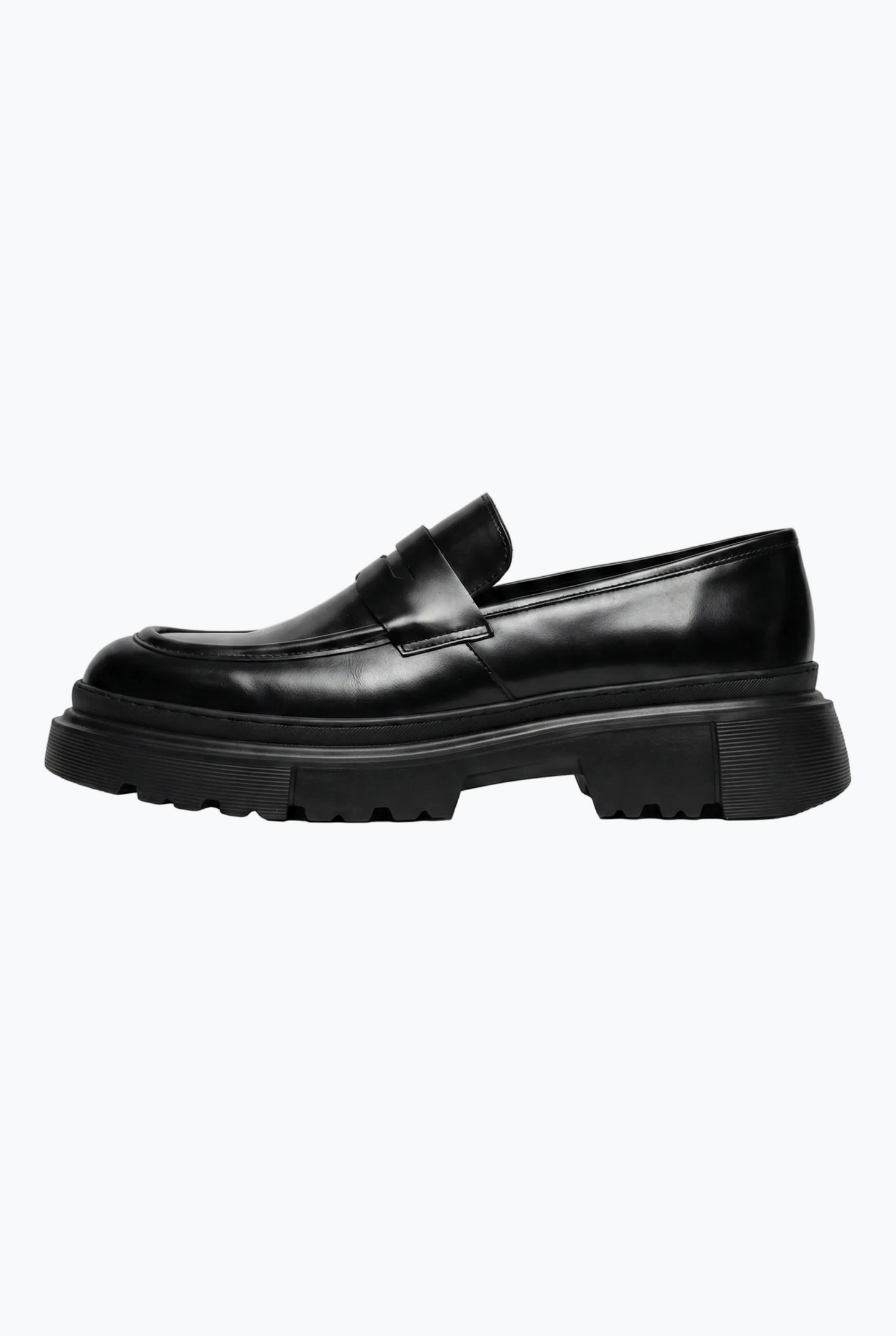 Black Oiled Leather Penny Loafer with Chunky Sole