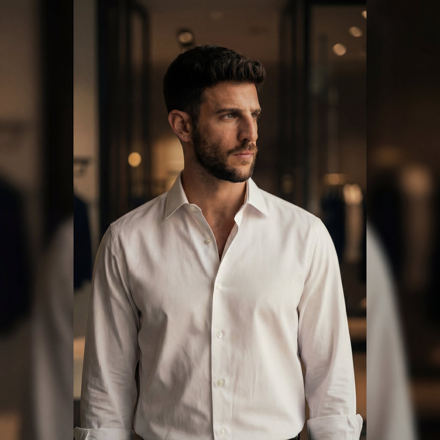 Model wearing a slim fit white cotton dress shirt in a refined indoor setting