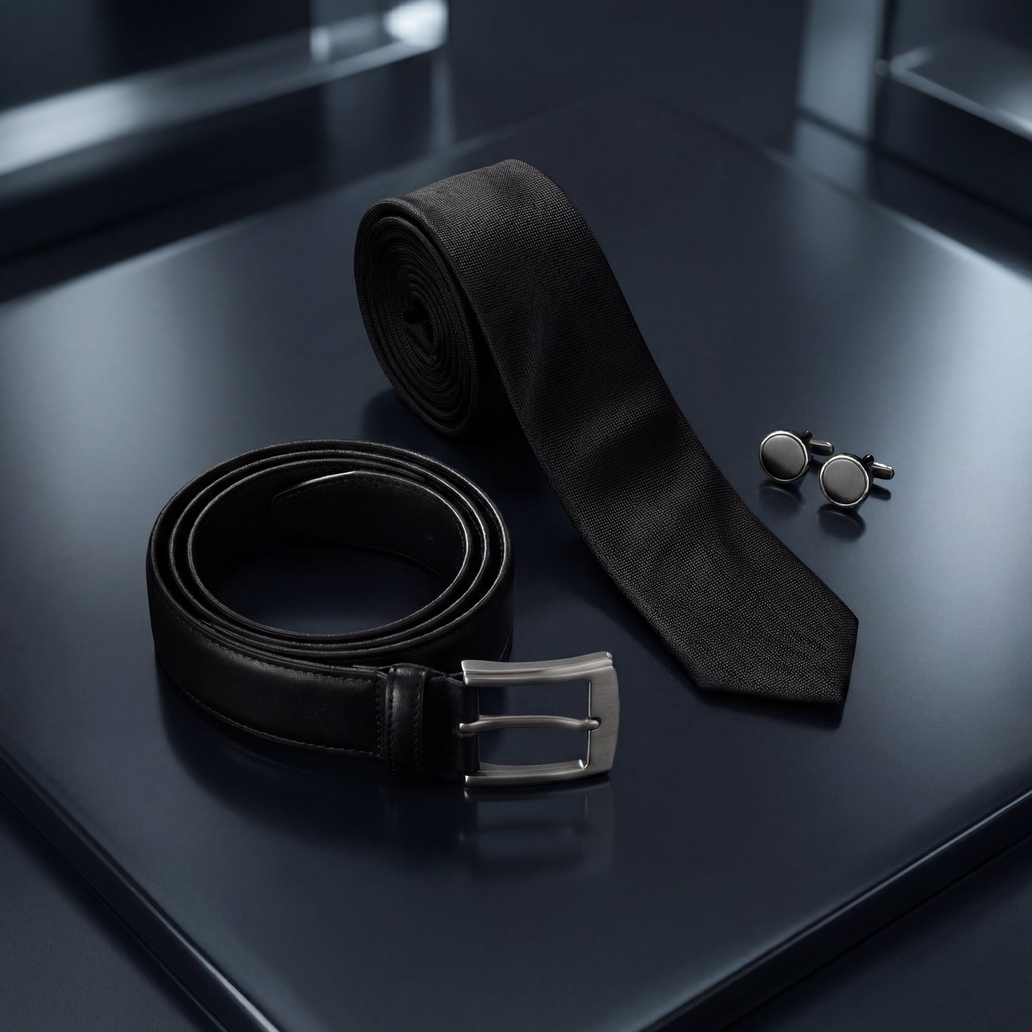 Black leather belt with silver buckle and matching silk tie on dark surface