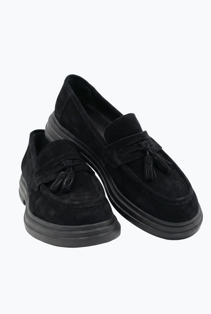 Suede Tassel Loafers - Black