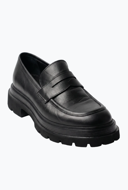 Black Smooth Leather Penny Loafer with Chunky Sole