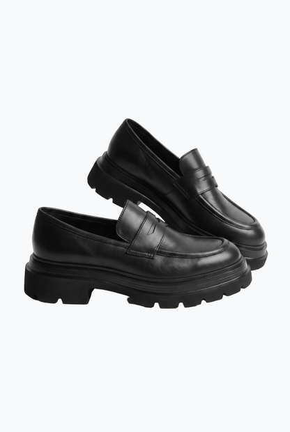 Black Smooth Leather Penny Loafer with Chunky Sole