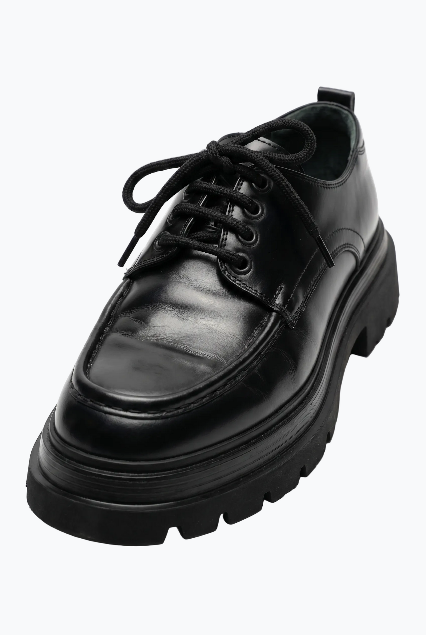 Black Oiled Leather Moc-Toe Derby with Lug Sole