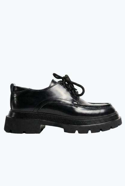 Black Oiled Leather Moc-Toe Derby with Lug Sole