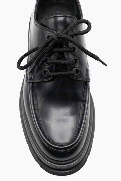 Black Oiled Leather Moc-Toe Derby with Lug Sole