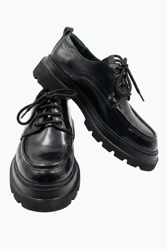 Black Oiled Leather Moc-Toe Derby with Lug Sole