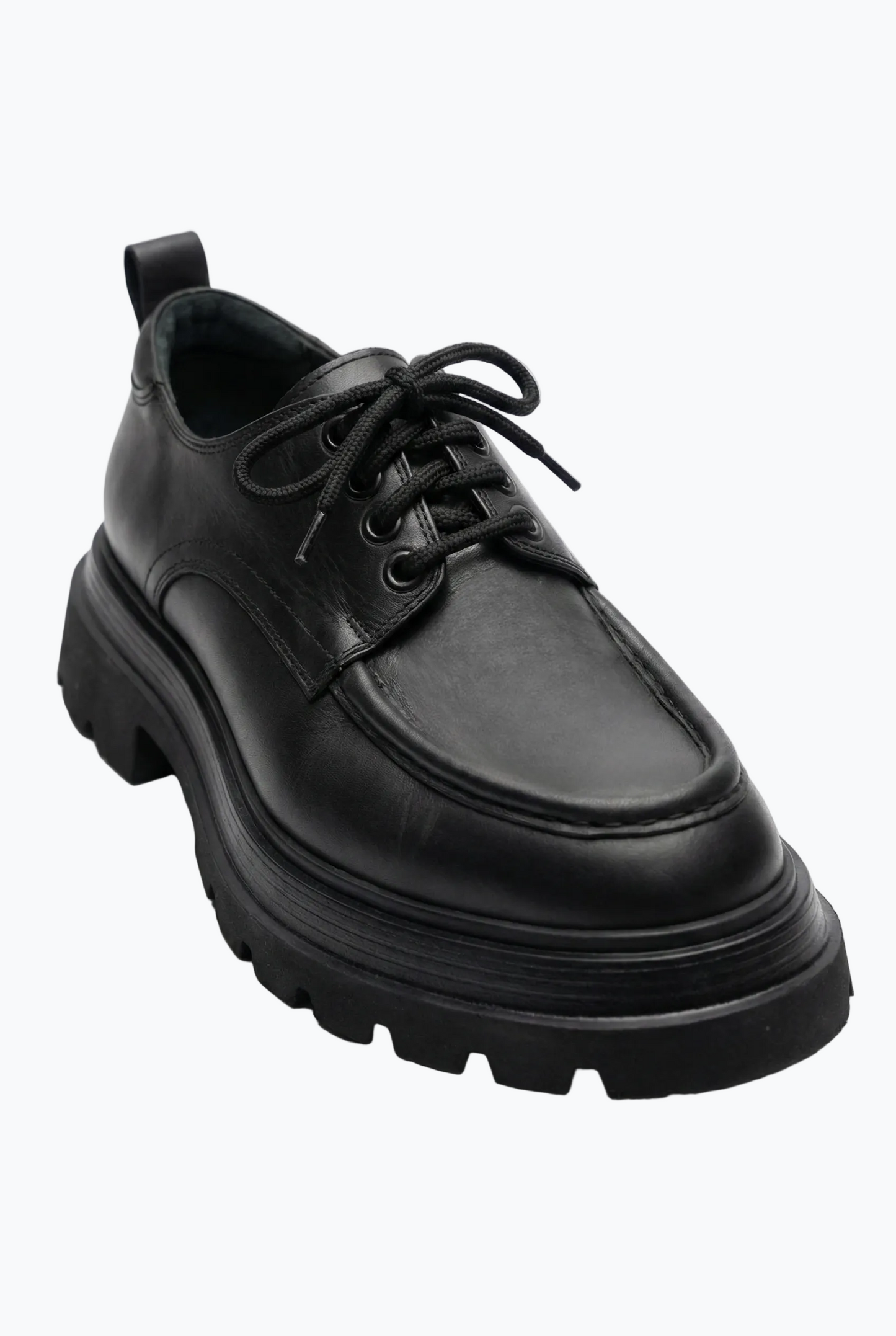 Black Leather Moc-Toe Derby with Lug Sole