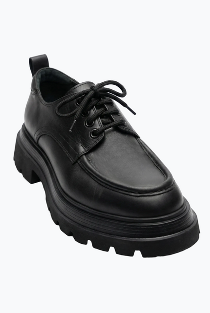 Black Leather Moc-Toe Derby with Lug Sole