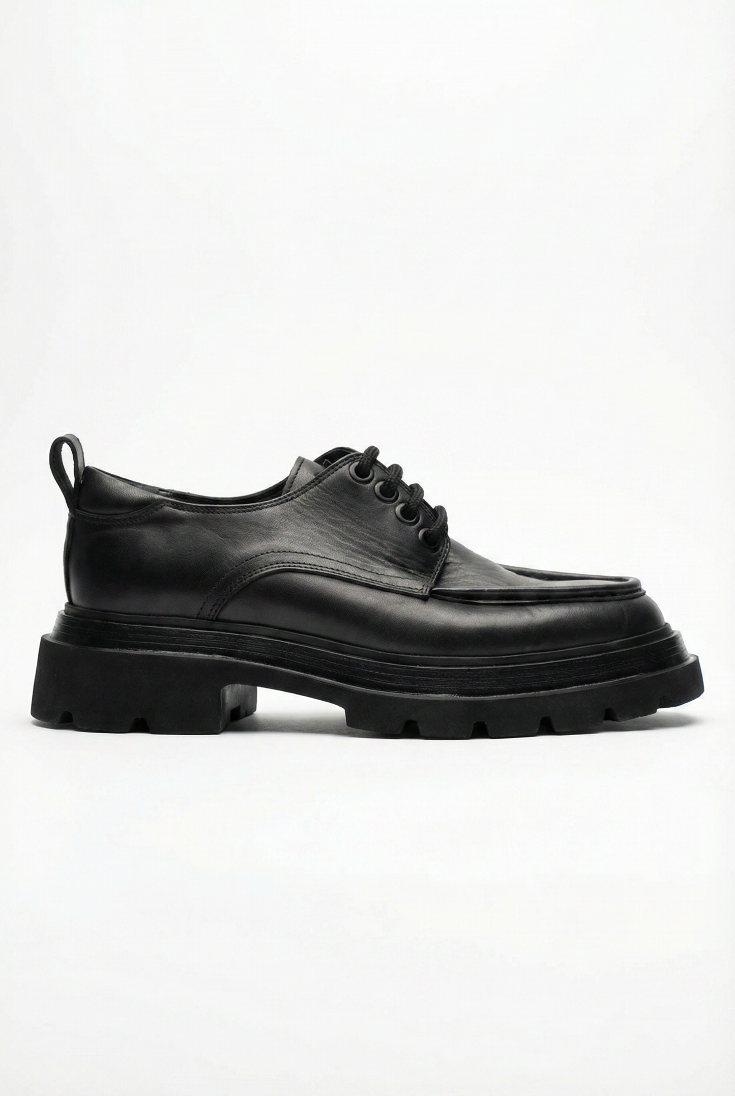 Black Leather Moc-Toe Derby with Lug Sole