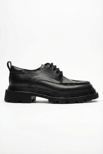 Black Leather Moc-Toe Derby with Lug Sole