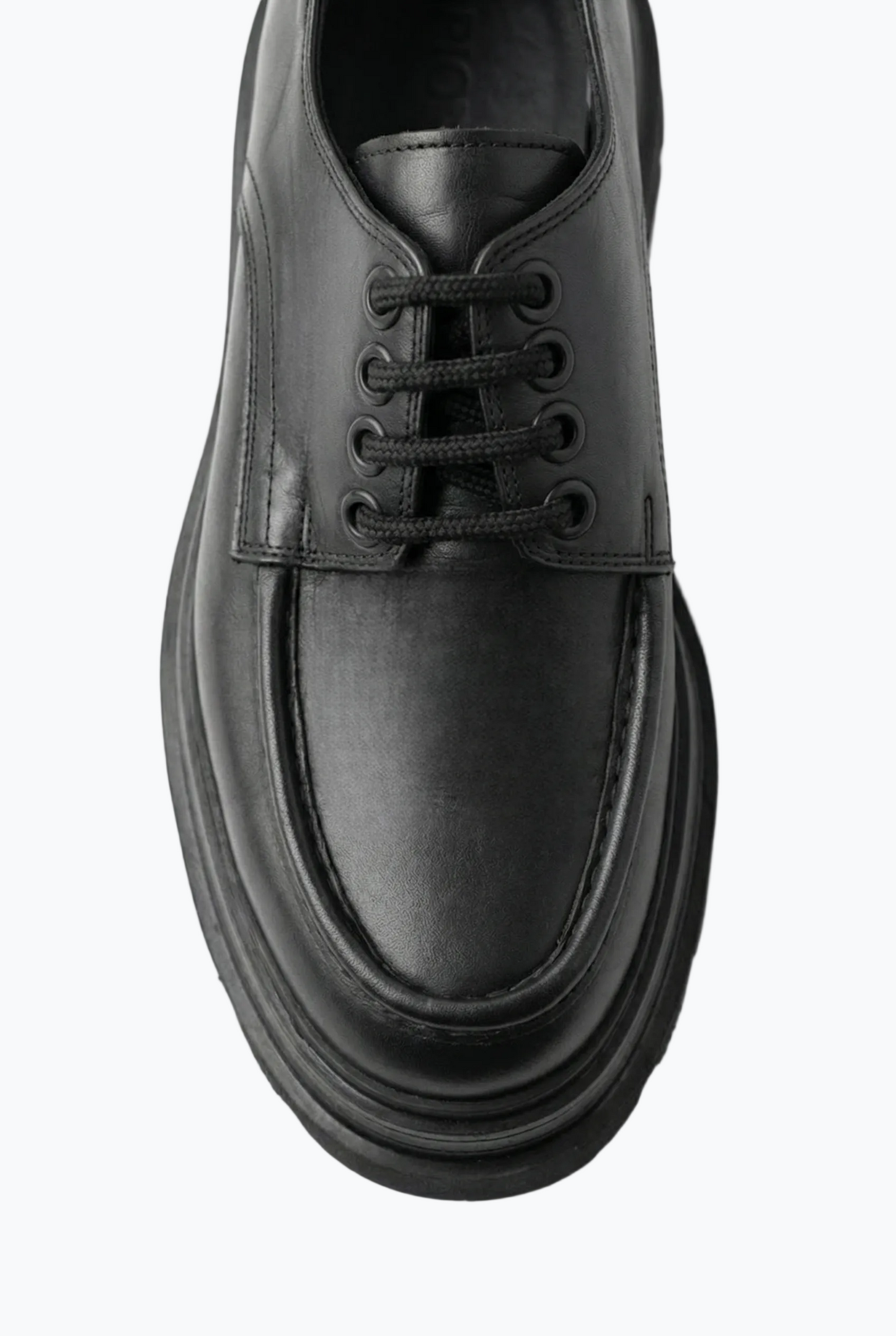 Black Leather Moc-Toe Derby with Lug Sole