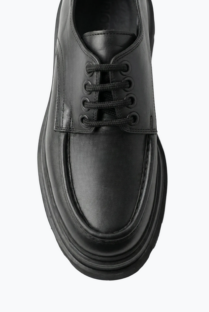 Black Leather Moc-Toe Derby with Lug Sole