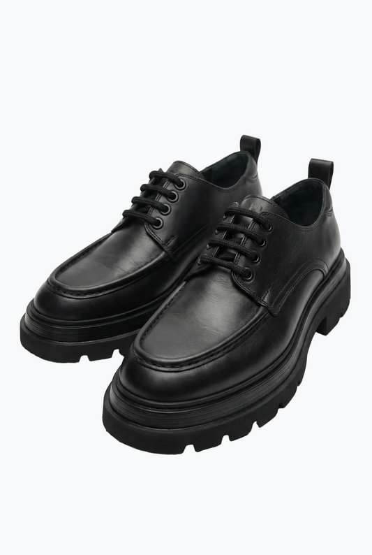 Black Leather Moc-Toe Derby with Lug Sole
