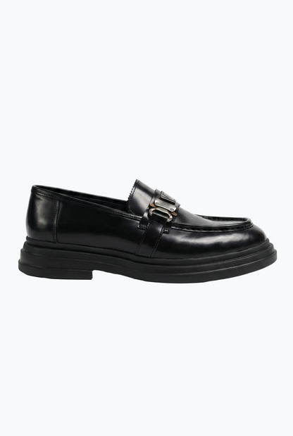 Black Leather Buckle Loafer with Chunky Sole