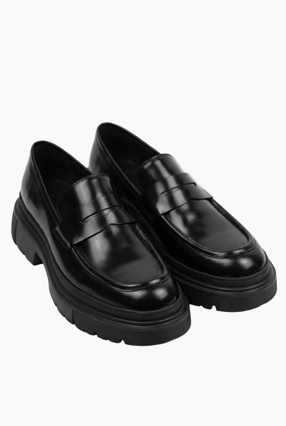 Black Oiled Leather Penny Loafer with Chunky Sole