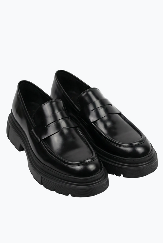 Black Oiled Leather Penny Loafer with Chunky Sole