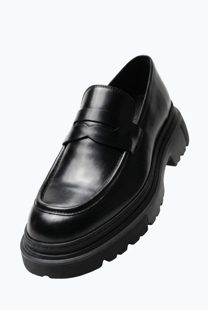 Black Oiled Leather Penny Loafer with Chunky Sole