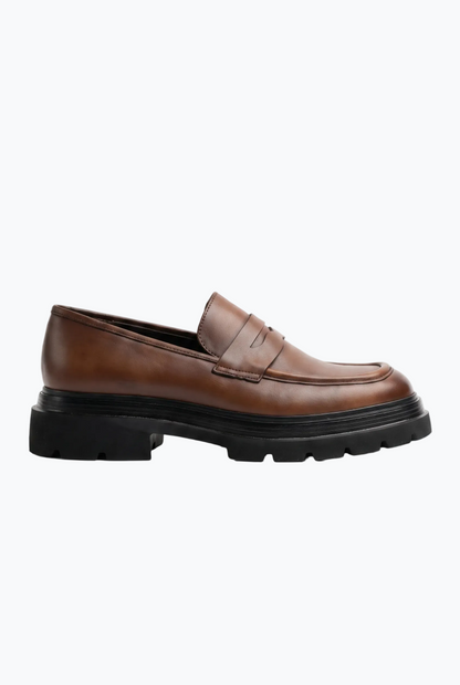 Brown Leather Penny Loafer with Chunky Sole