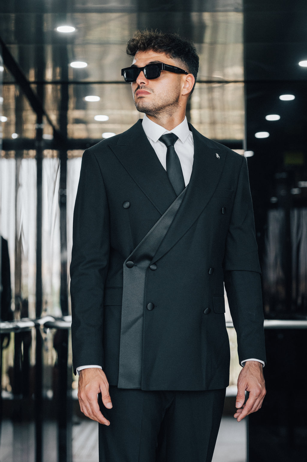 Double Breasted Diagonal Satin - Black