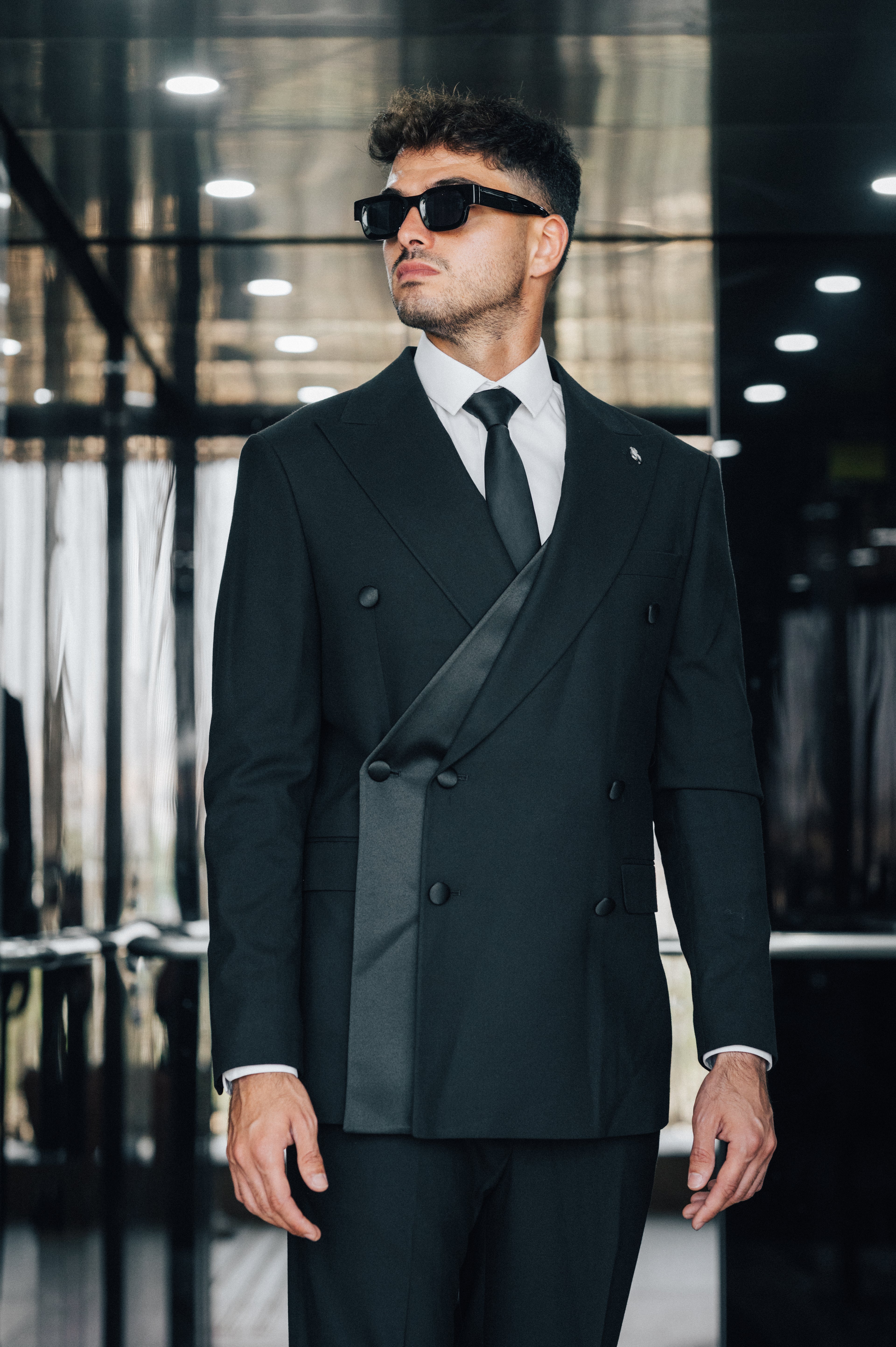 Double Breasted Diagonal Satin - Black