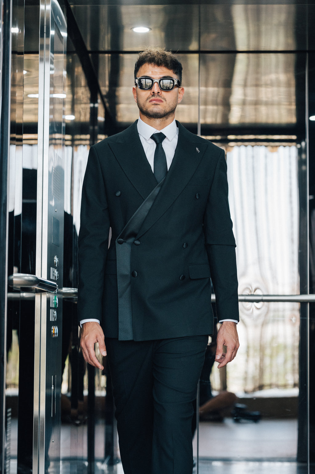 Double Breasted Diagonal Satin - Black